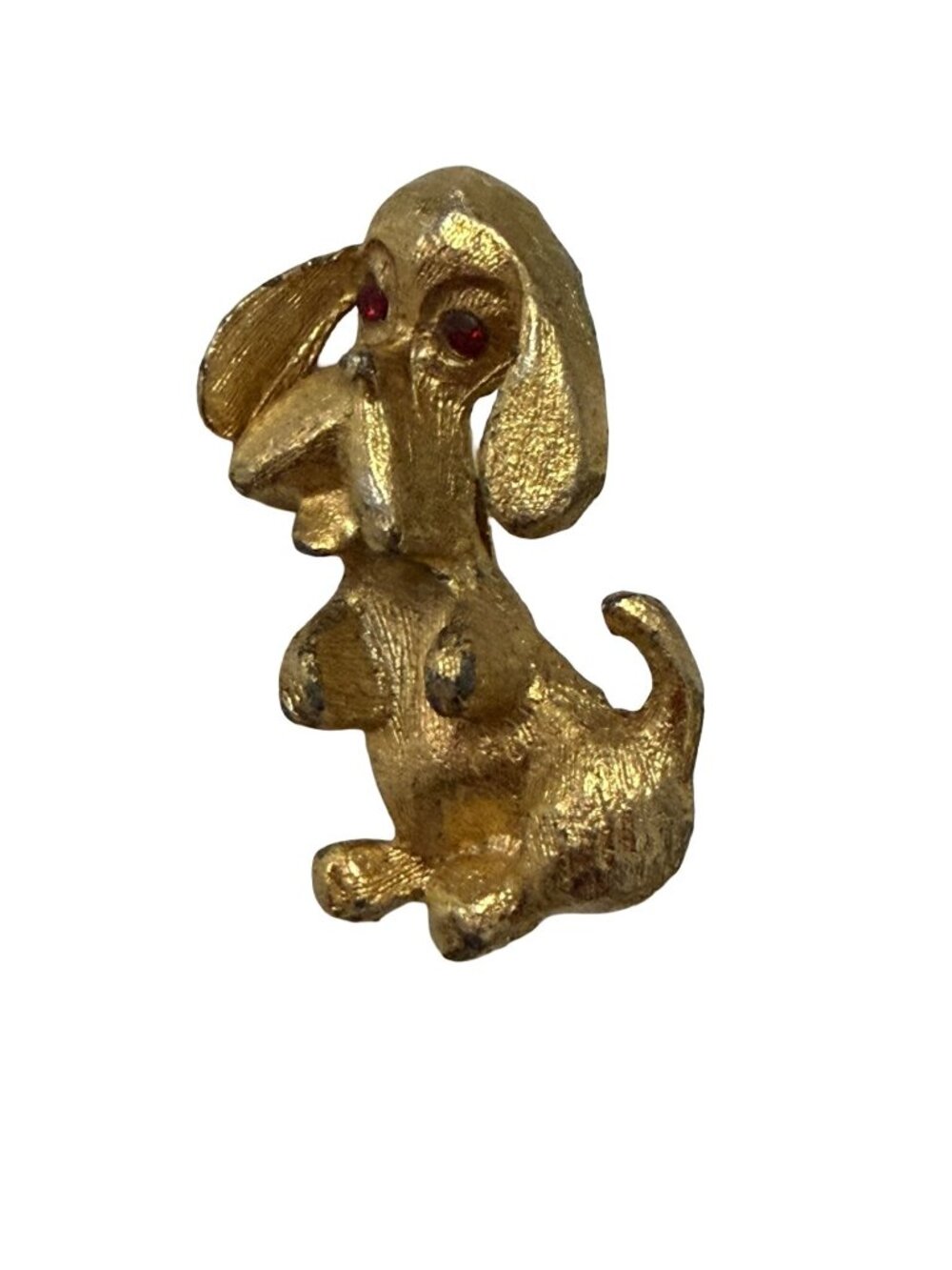 Vintage Gold Tone Sad Puppy Dog Brooch Red Rhinestone Eyes